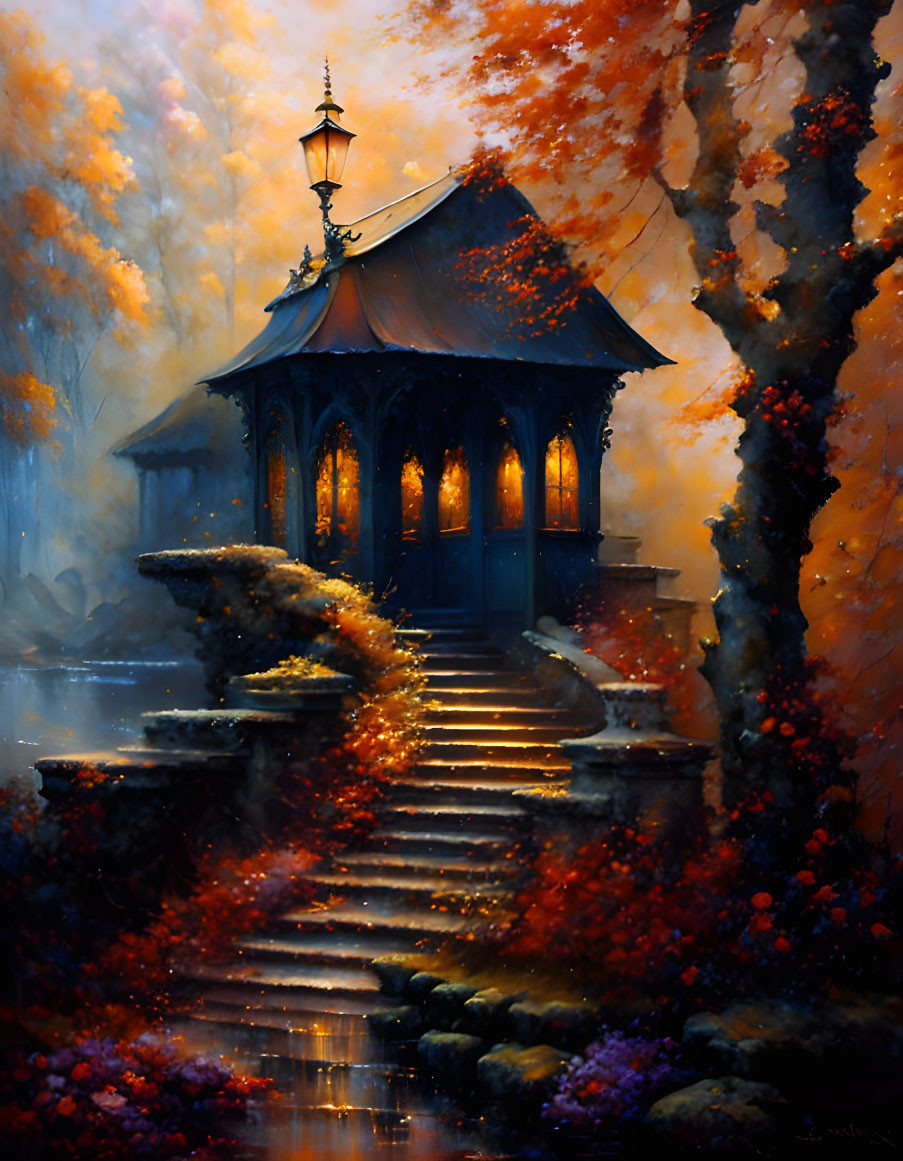 Fantasy Gazebo Surrounded by Autumn Trees and Glowing Lights