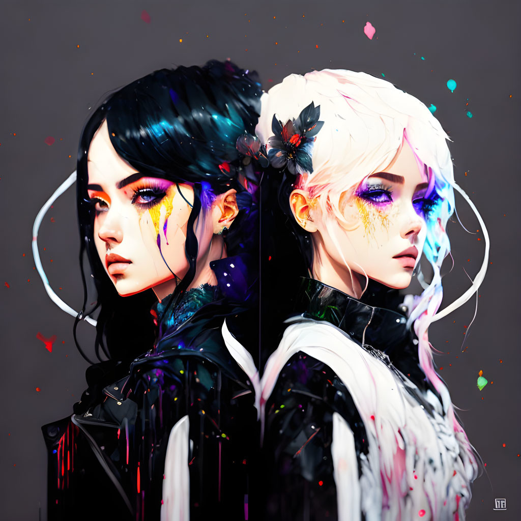 Contrasting digital portraits: dark vs. light themes, intricate florals, vibrant colors