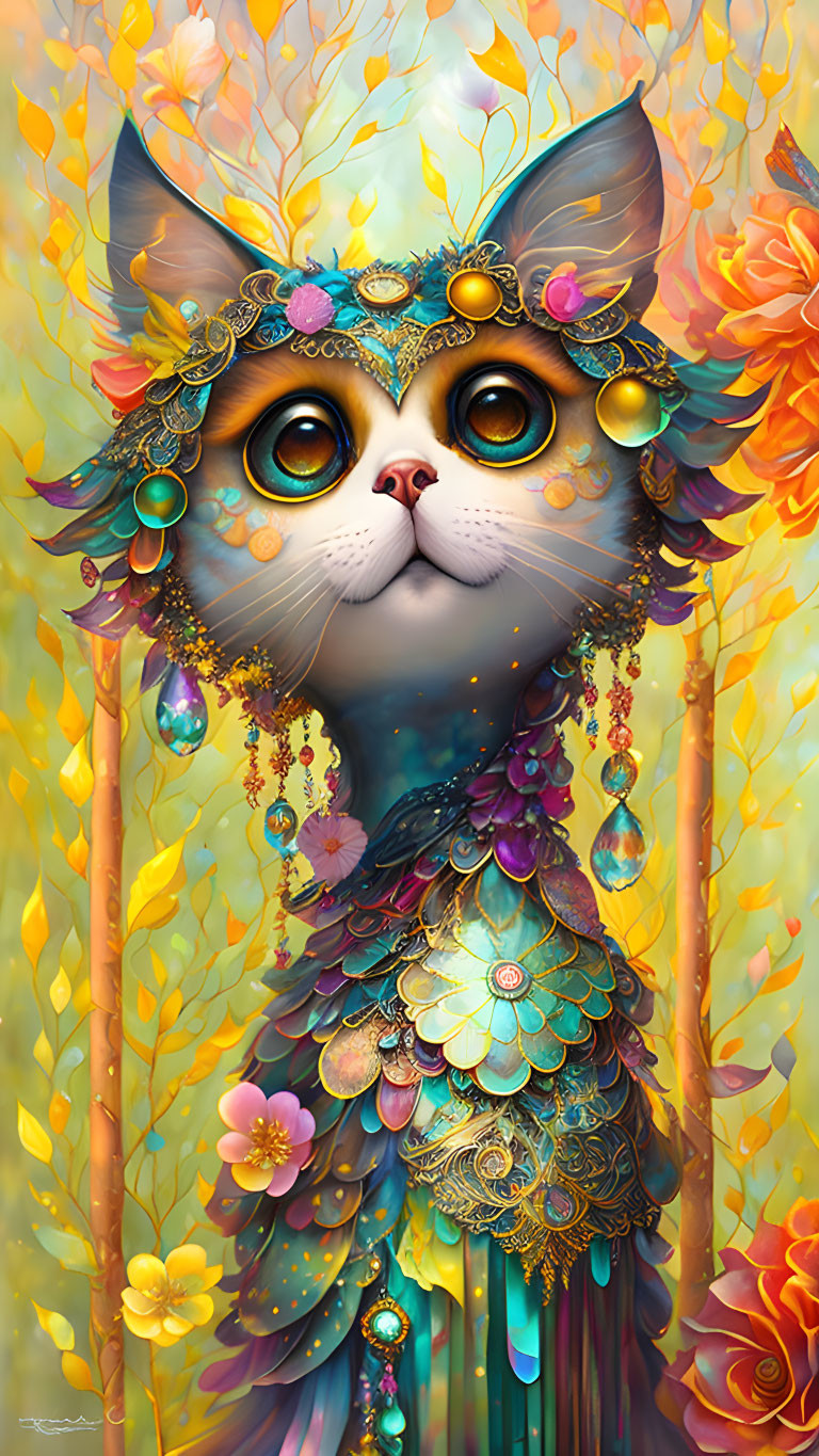 Whimsical cat with jewelry and feathers on vibrant floral backdrop