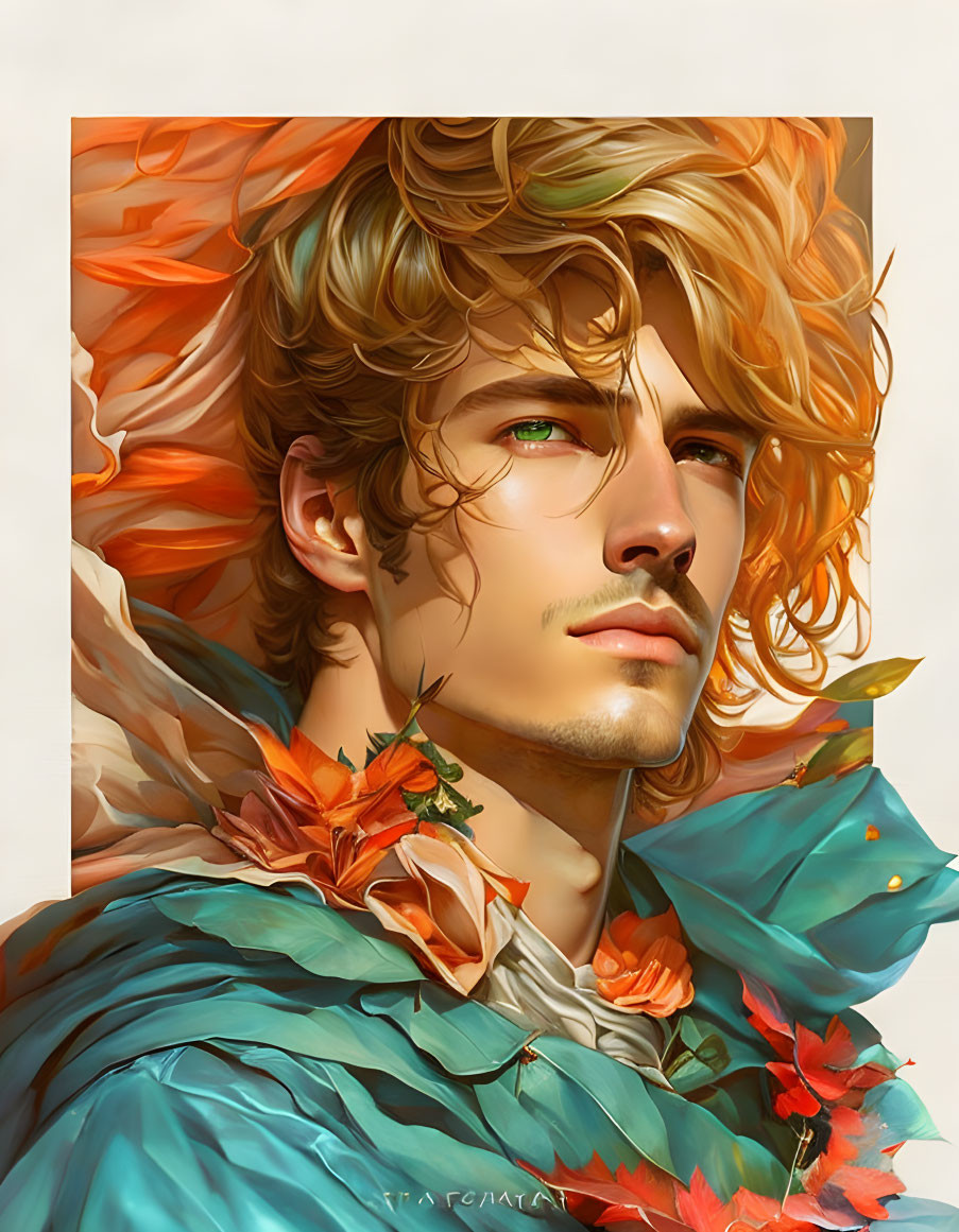 Man with Curly Blond Hair in Turquoise Cloak with Autumn Leaves