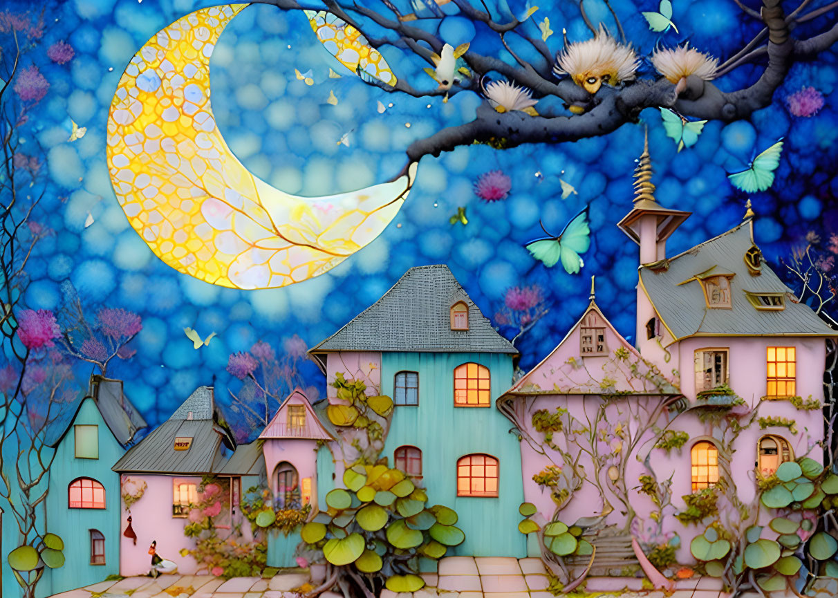 Colorful Houses Under Starry Sky with Owl and Butterflies