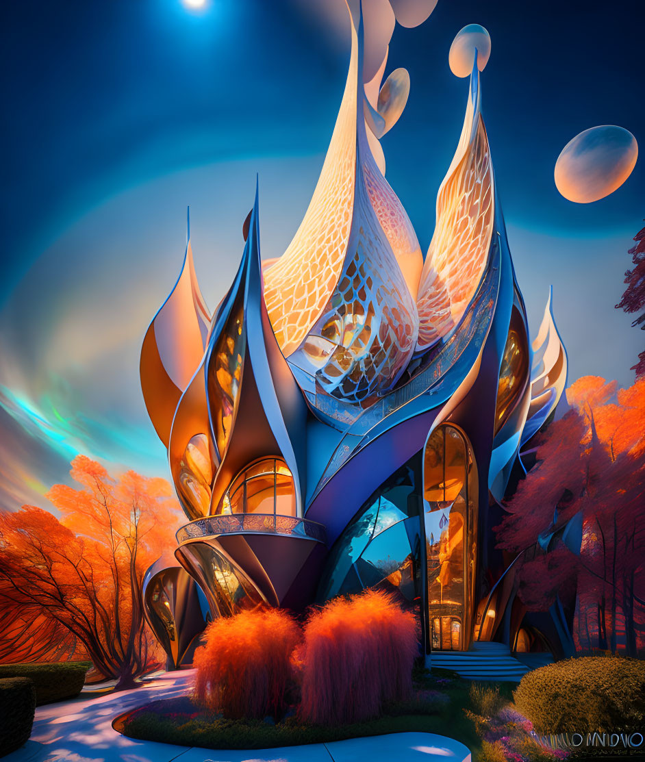 Futuristic organic-shaped building with spire-like extensions under a sky with large moons and planets,