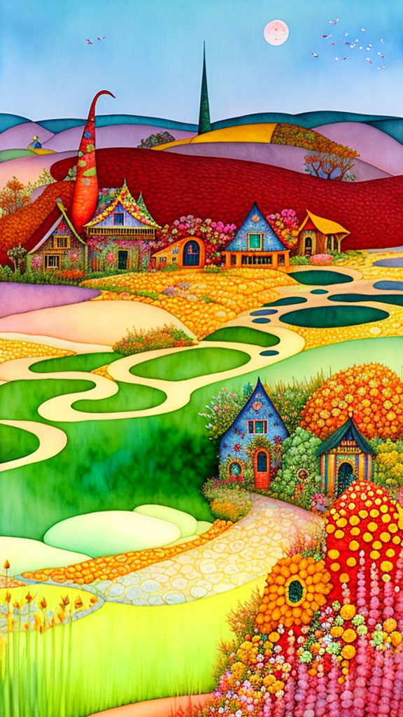 Colorful fantasy landscape with whimsical houses, rolling hills, river, birds, and full moon.