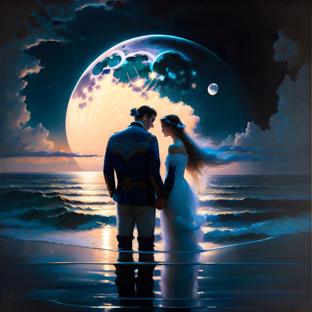 Couple on Beach at Twilight with Surreal Moon and Crashing Waves