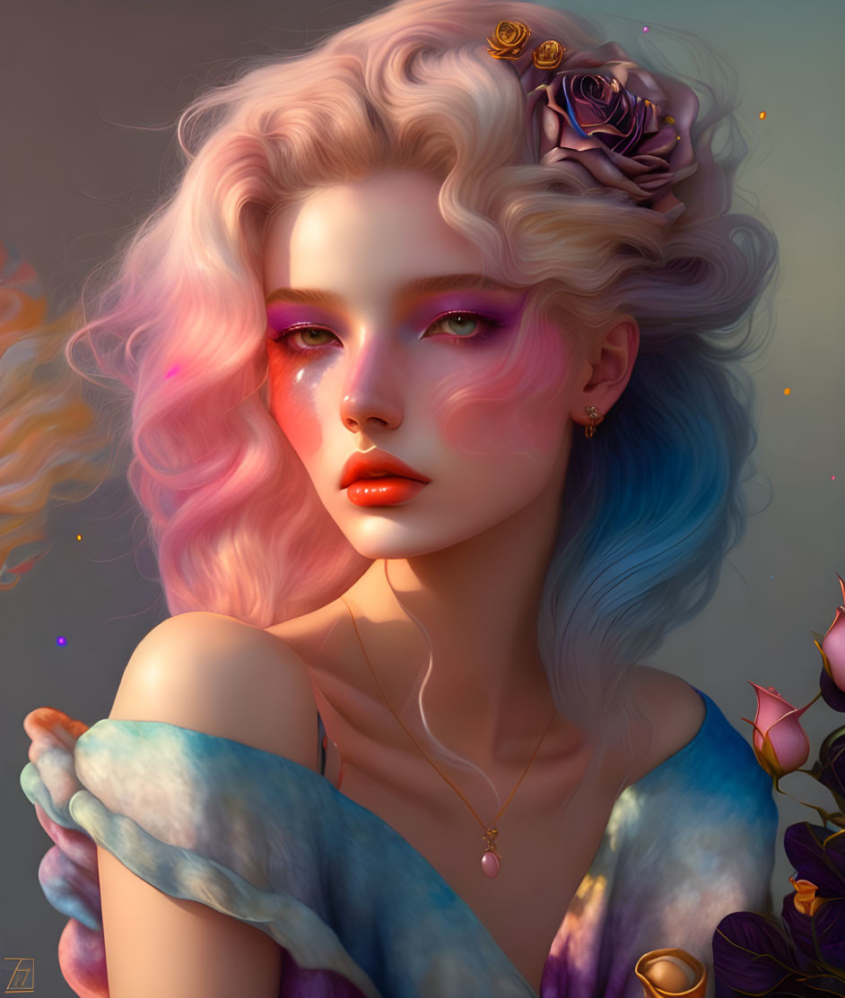 Pastel-haired woman with purple rose, ethereal makeup, floating petals