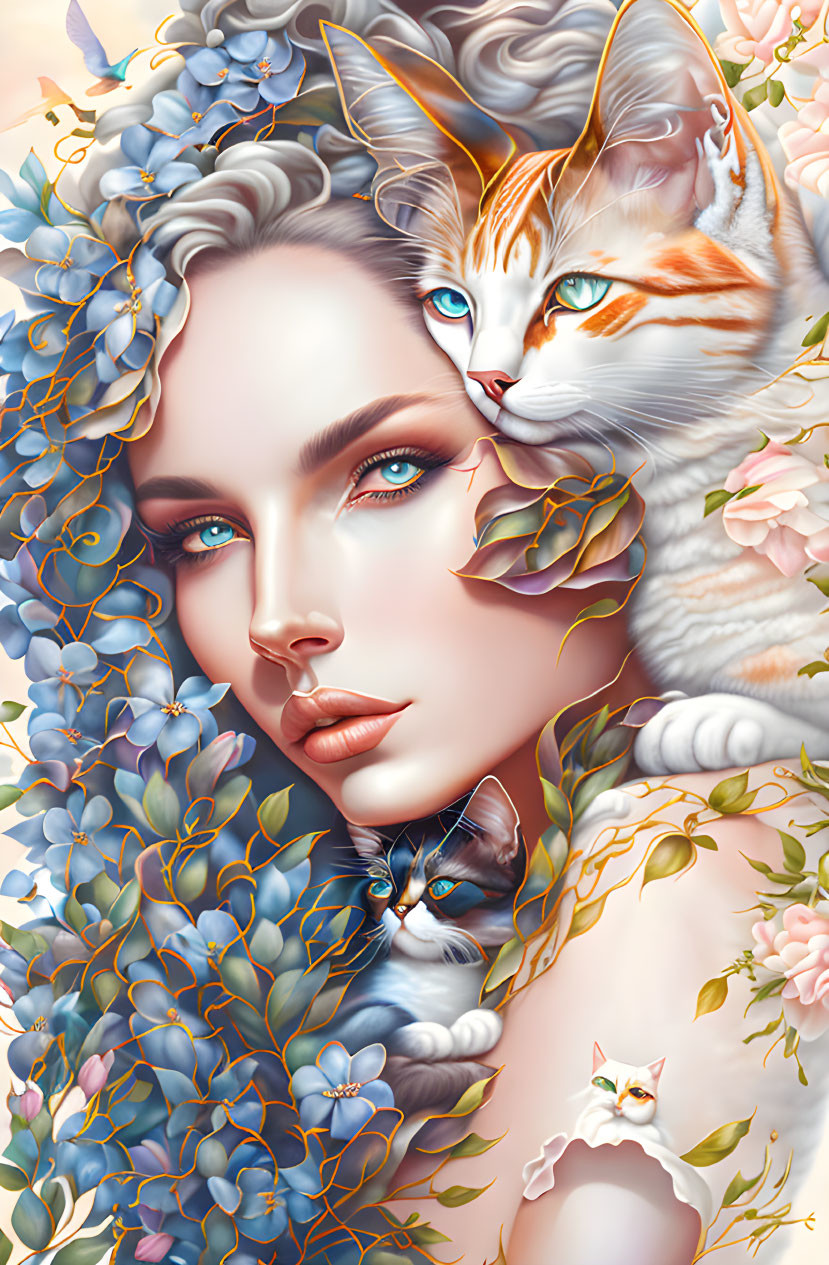 Surreal portrait of woman with blue eyes, cats, and floral elements