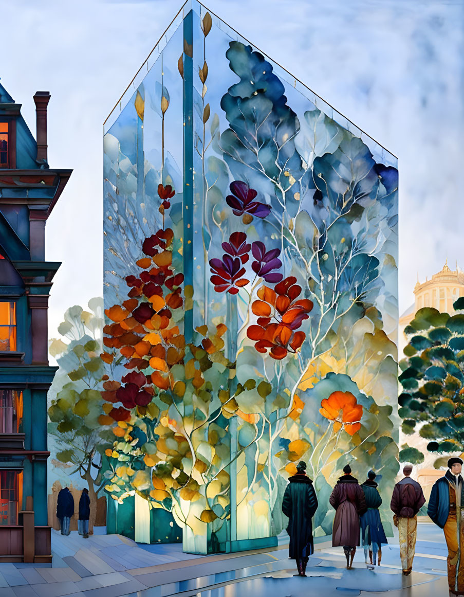 Vibrant modern glass building with oversized leaves in city scene