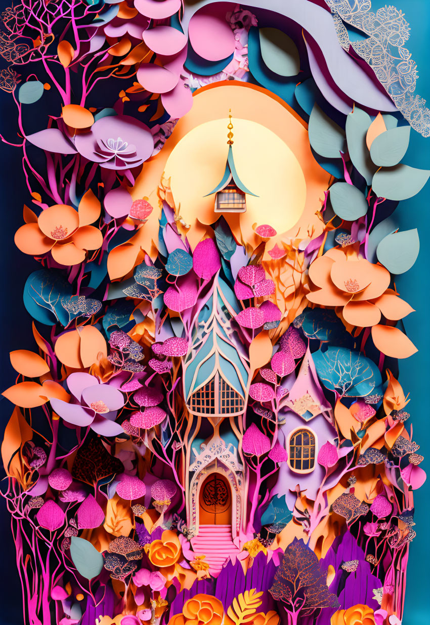 Vibrant floral paper art landscape with fairy-tale house under glowing moon