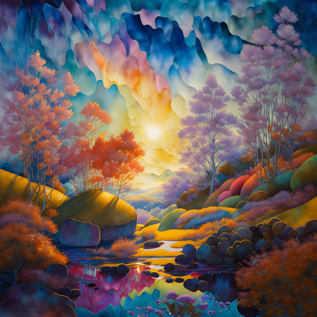 Surreal landscape with colorful trees, river, hills, and radiant sunset