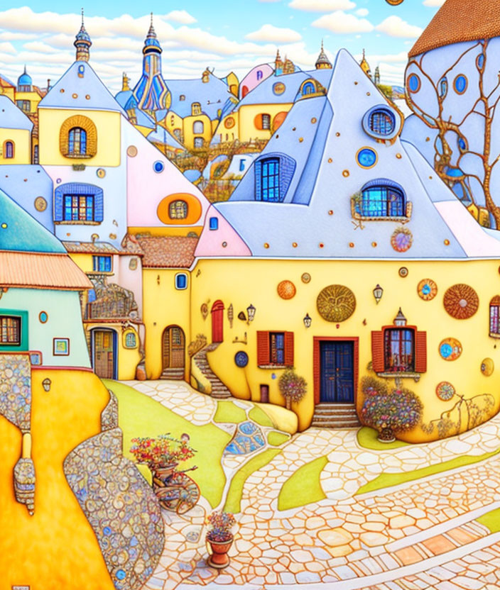 Vibrant illustration of whimsical village scene