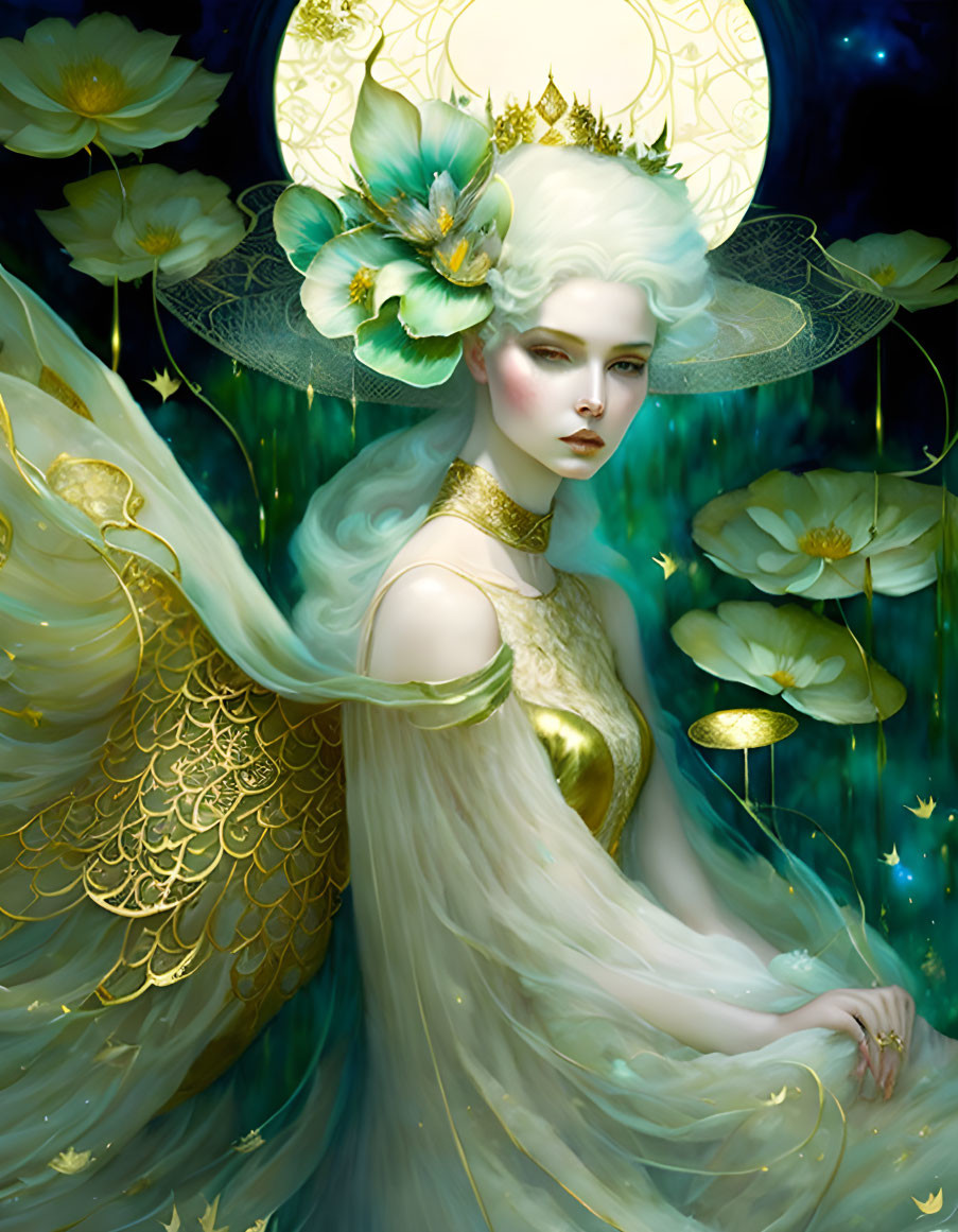 Mystical female figure with pale skin, golden crown, surrounded by lotuses in celestial gown.