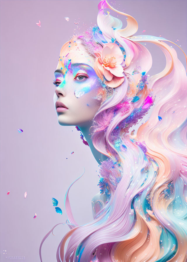 Colorful surreal portrait of a woman with multicolored hair and paint splashes