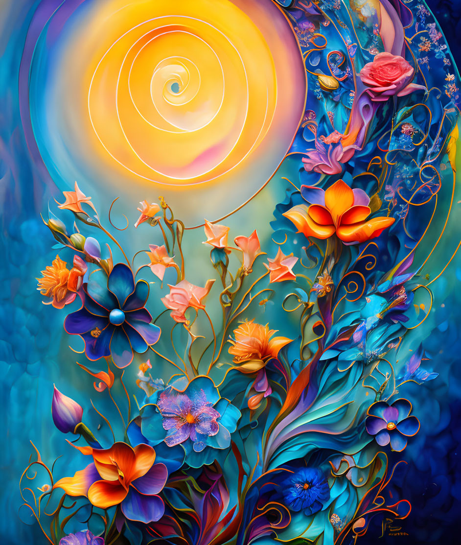 Colorful swirl-patterned sun and stylized flowers on blue background.