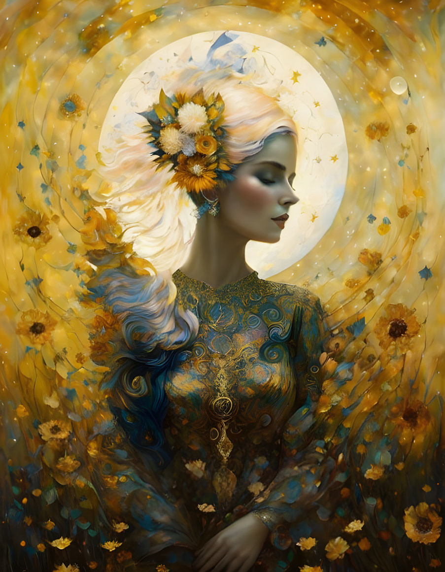 Serene woman with floral adornments and golden halo in ethereal setting