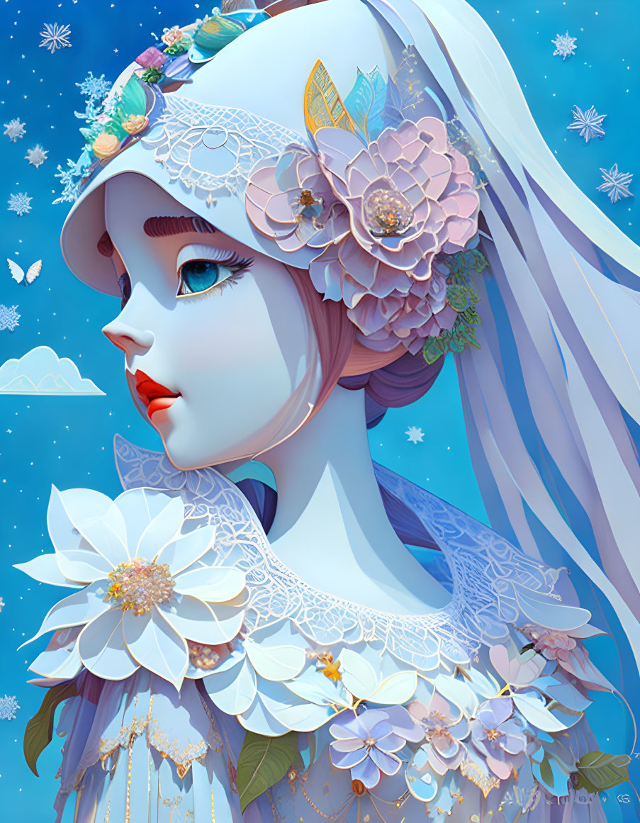 Detailed illustration: Woman with floral adornments and veil on starry blue background.