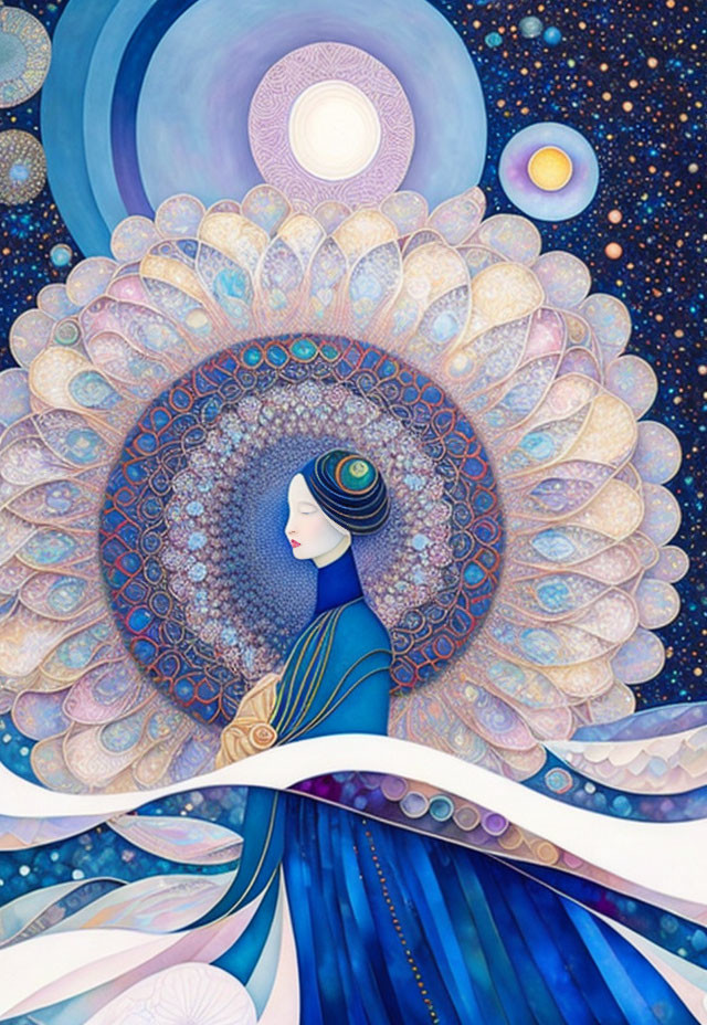 Stylized painting of woman with cosmic-themed halo and planetary bodies against starry background