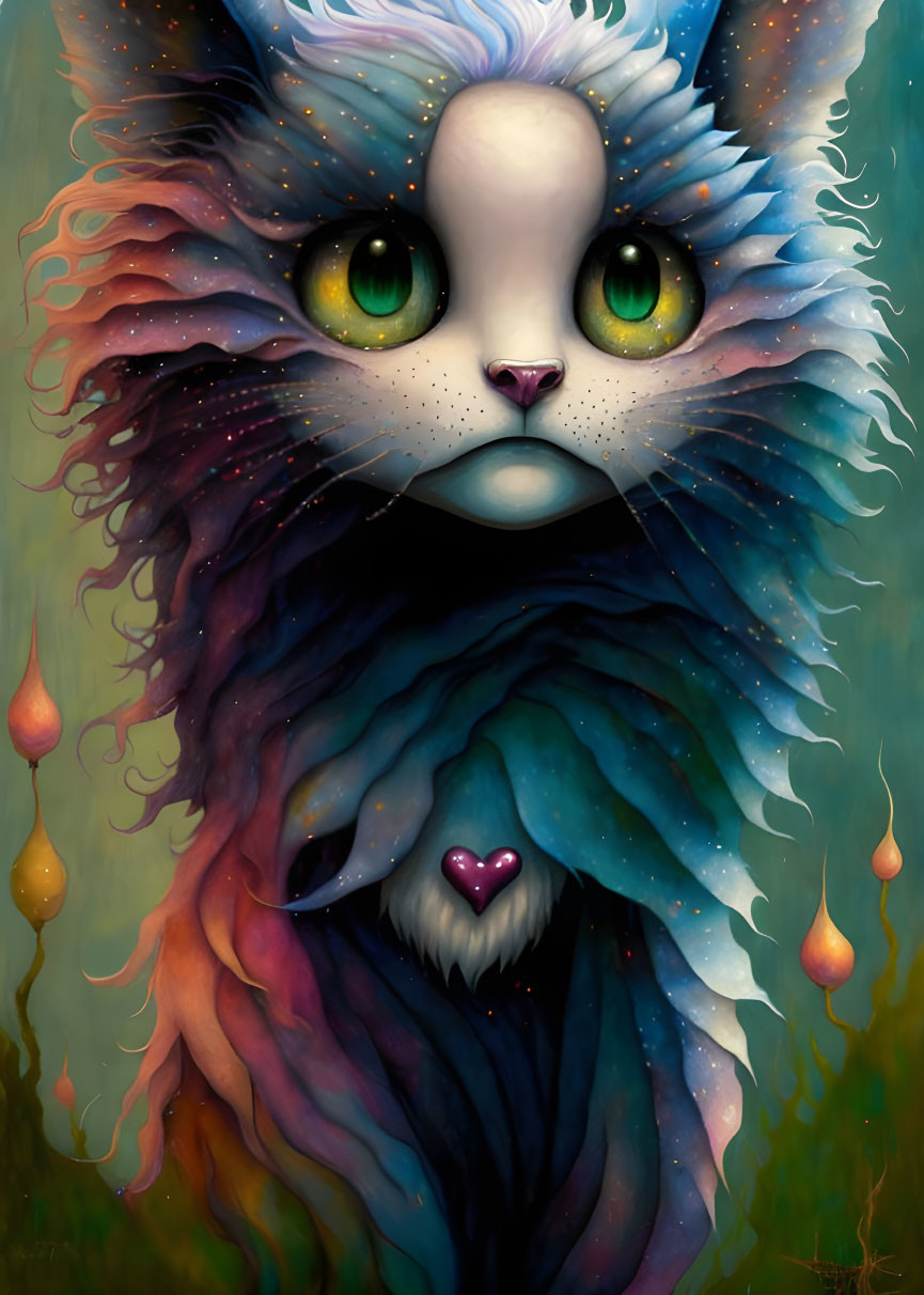 Colorful fantasy cat with green eyes and unique markings.