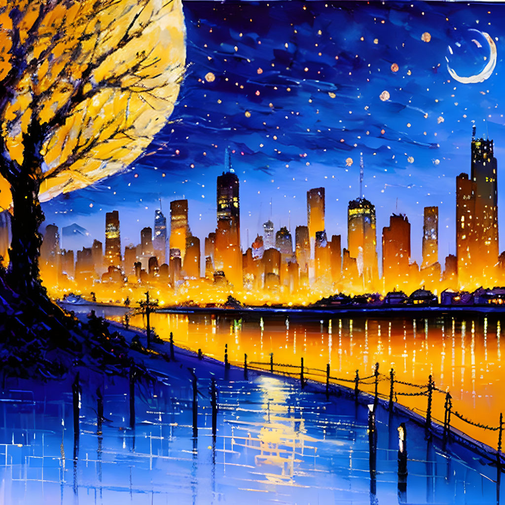 City skyline painting: Vibrant night scene with moon, stars, and water reflection