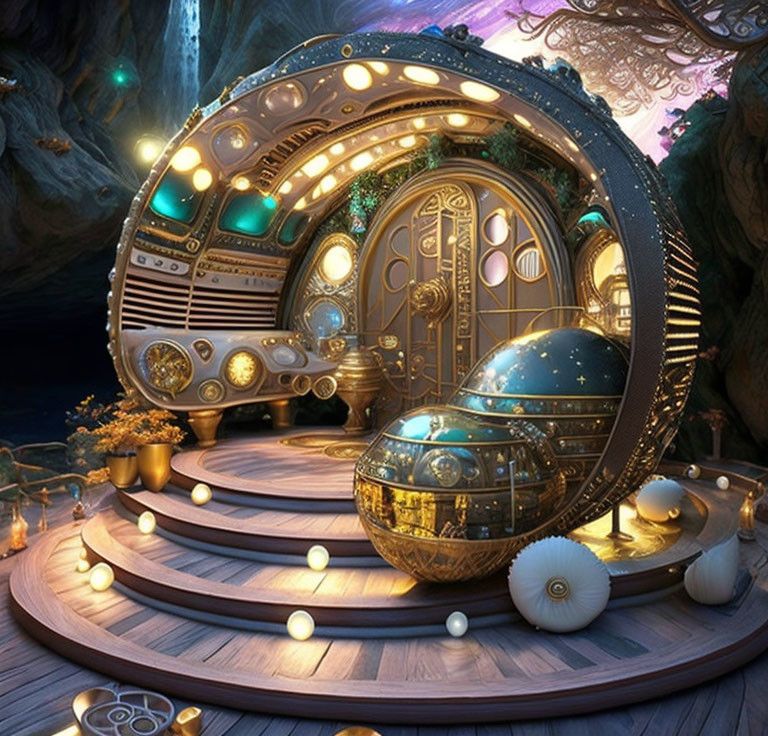 Steampunk-inspired submarine in enchanting cave with glowing orbs