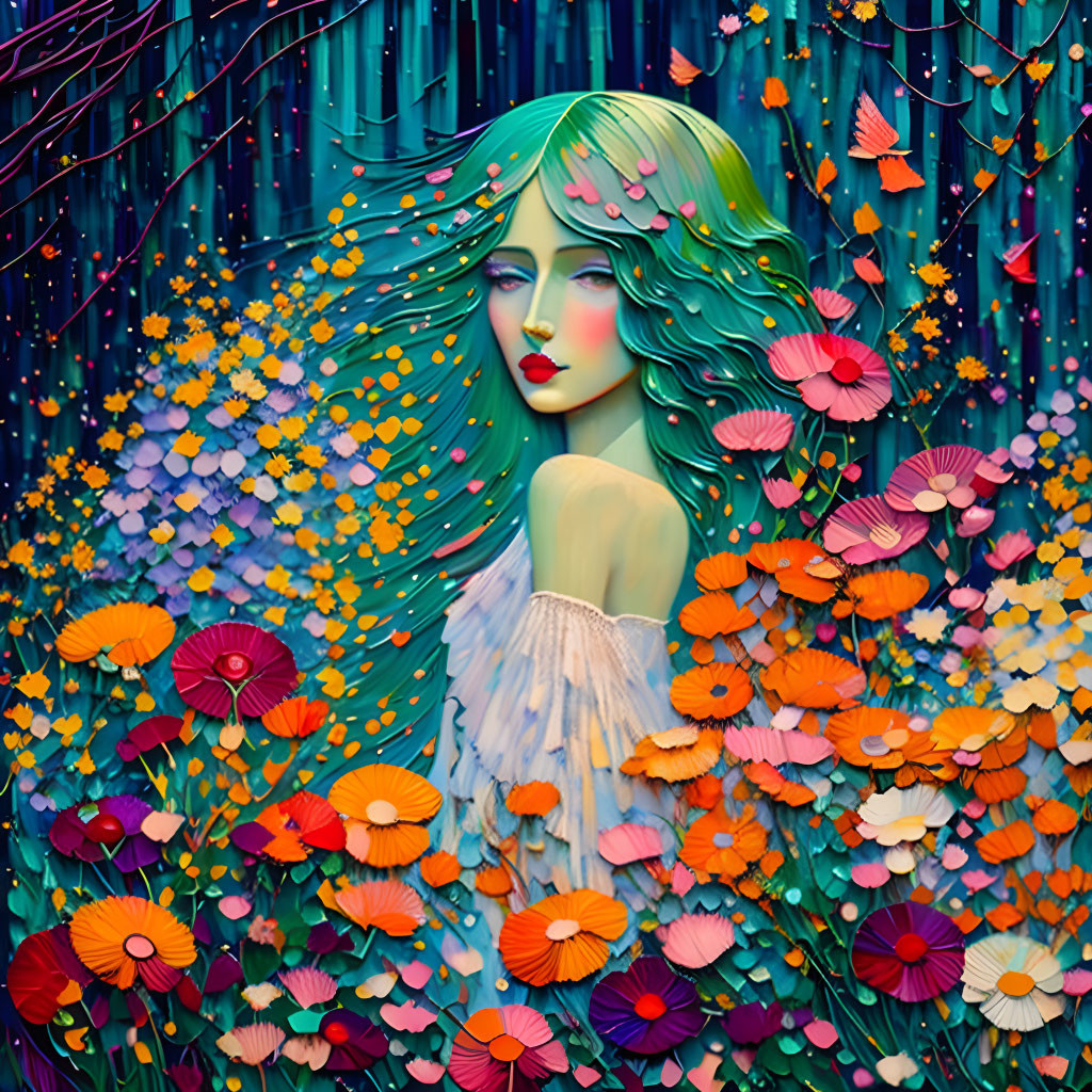 Colorful Illustration of Woman with Green Hair and Flowers