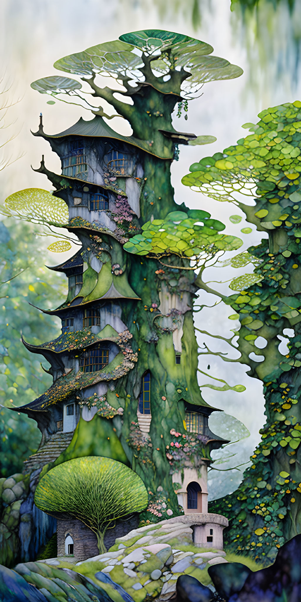 Whimsical multi-story treehouse in enchanting forest