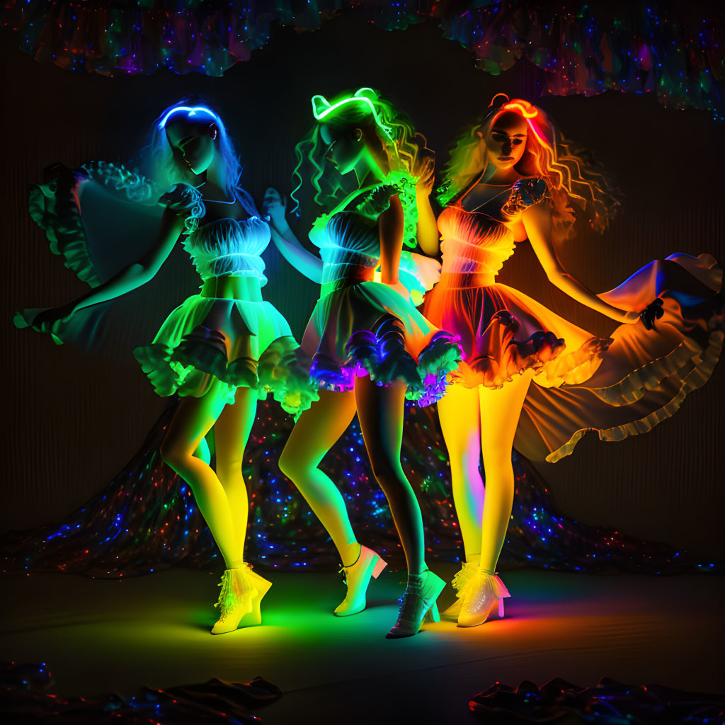 Three women in neon outfits and high heels under vibrant backlights