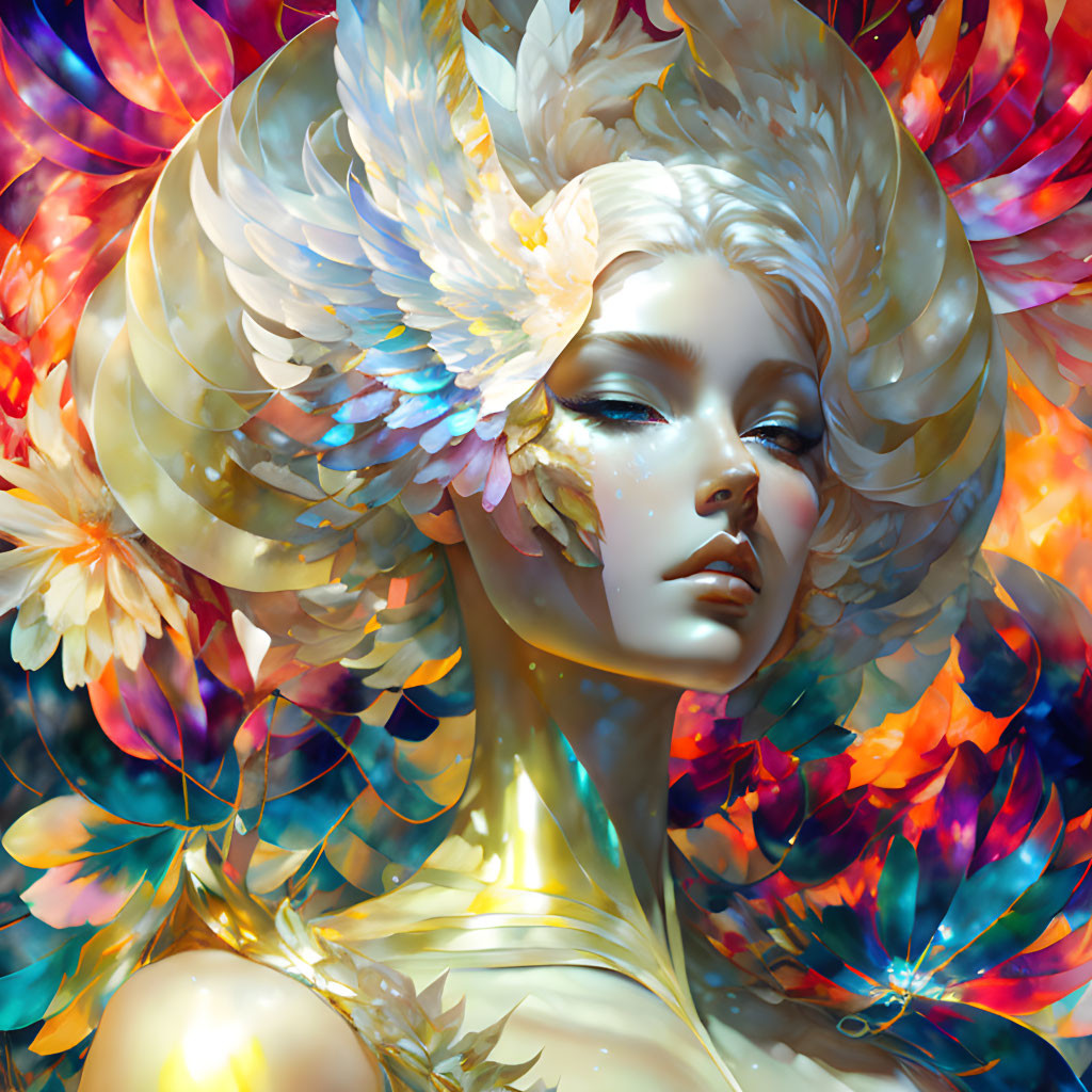 Illustration: Woman with angelic wings as hair in colorful foliage with butterfly.