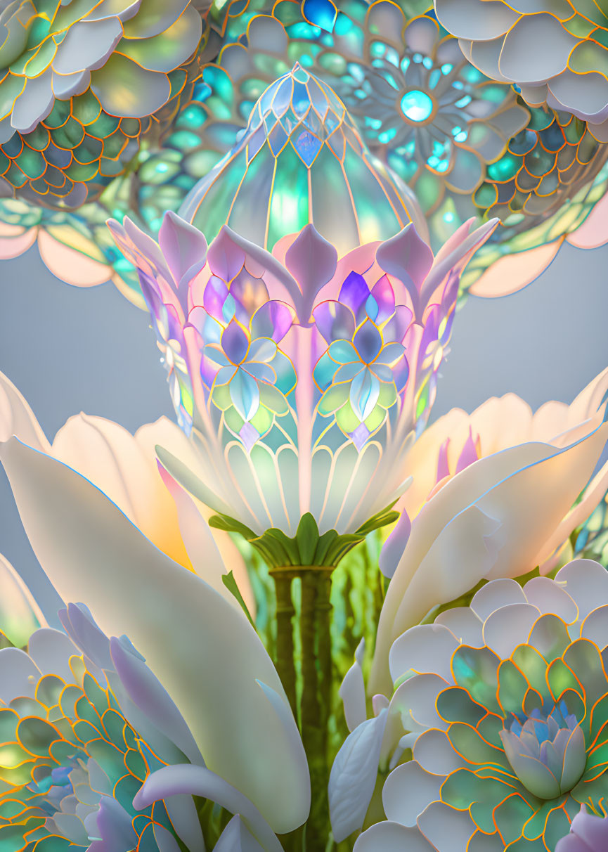 Flower with Iridescent Petals and Glowing Geometric Bulb on Shimmering Background