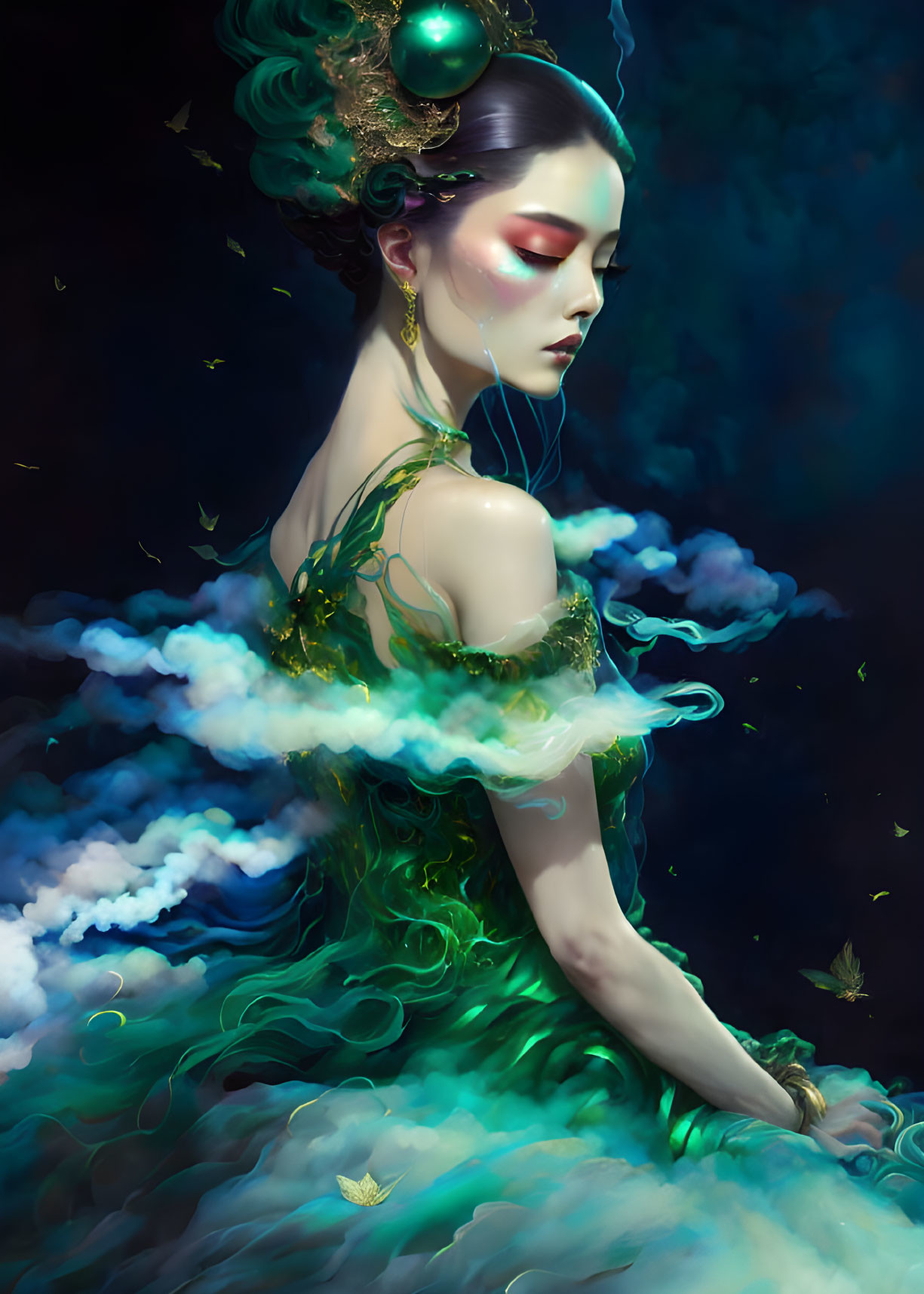 Ethereal figure in green attire against cosmic backdrop