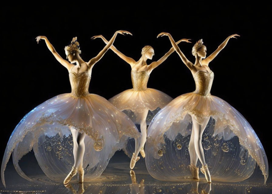 Three ballerinas in gold costumes pose inside transparent spheres.