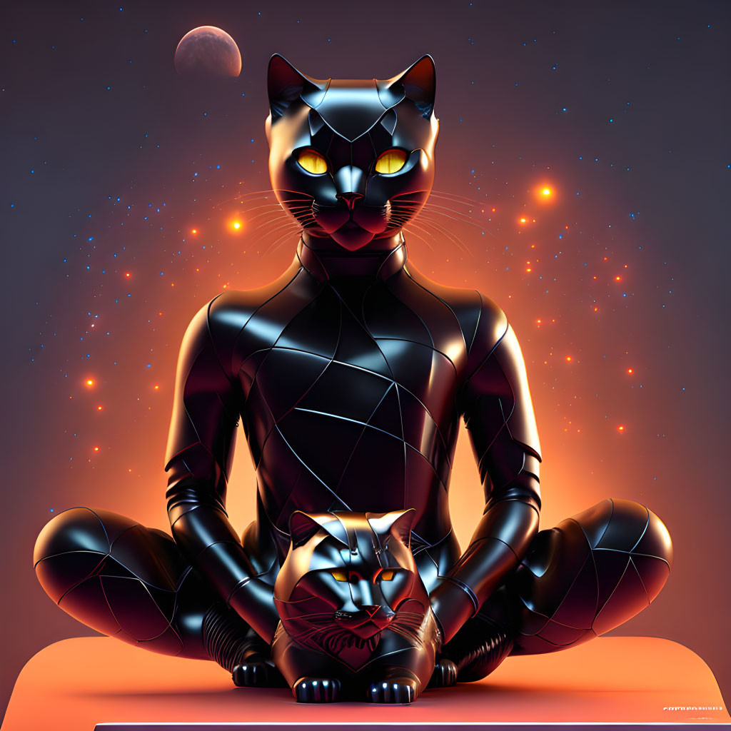 3D rendering of black anthropomorphic cat with smaller cat in futuristic design under starry night sky