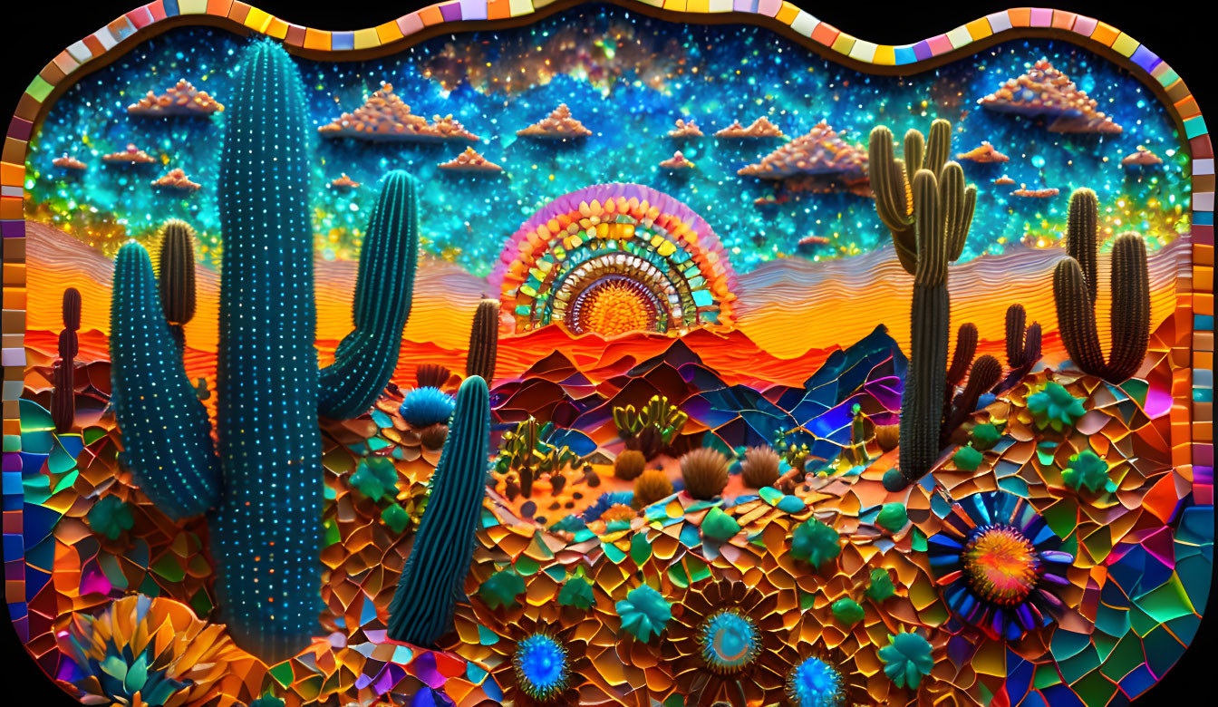 Colorful Psychedelic Desert Scene with Cacti and Rainbow Arch