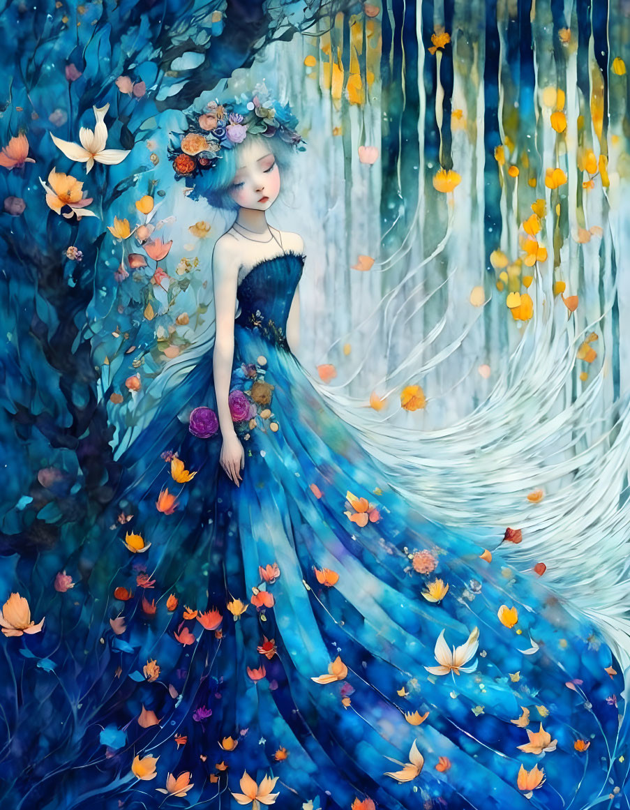 Ethereal woman in blue dress among whimsical forest and falling leaves