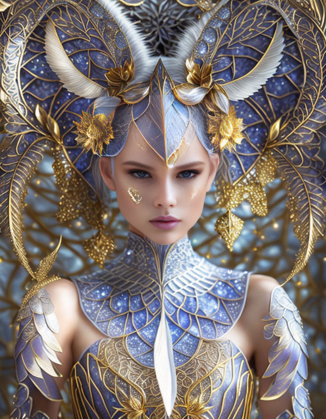 Ornate golden headpiece, blue and gold armor with leaf patterns