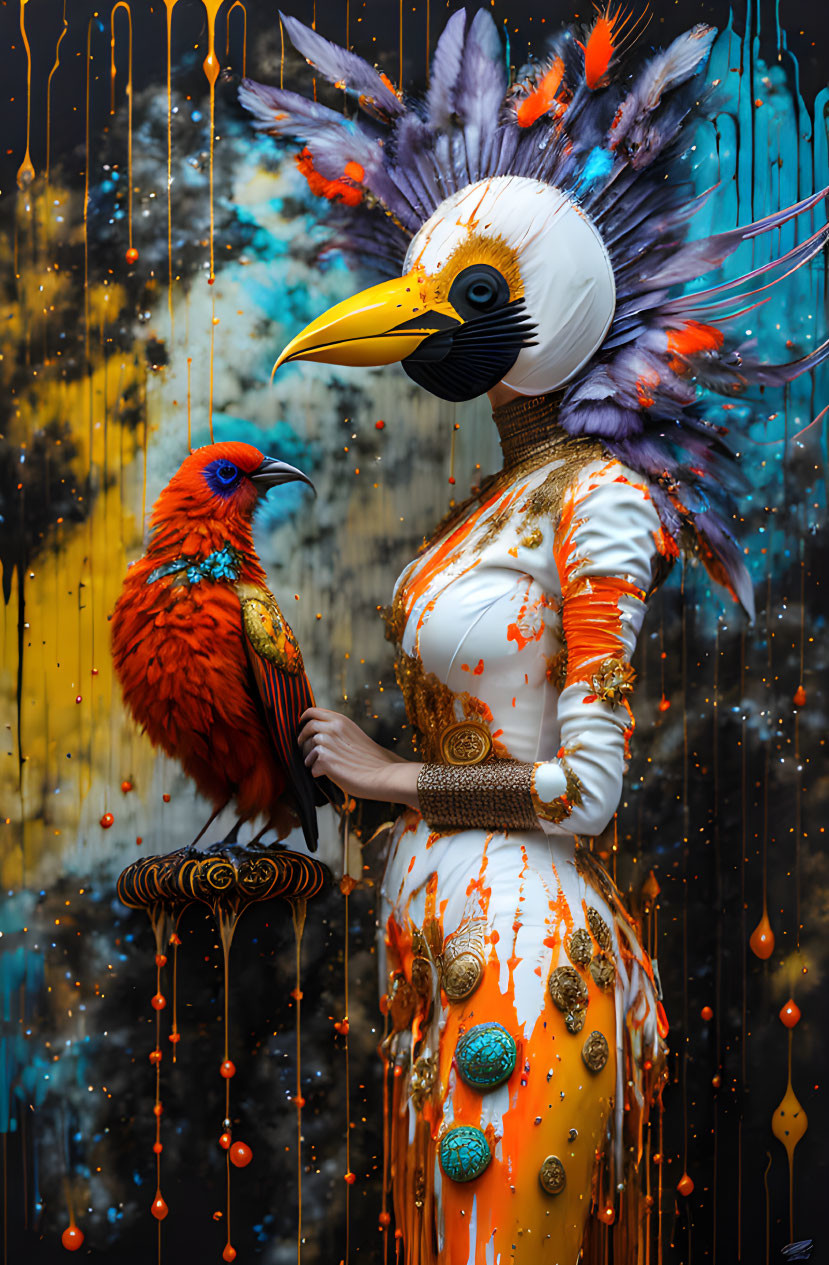 Colorful Avian Costume Holding Red Parrot on Abstract Background