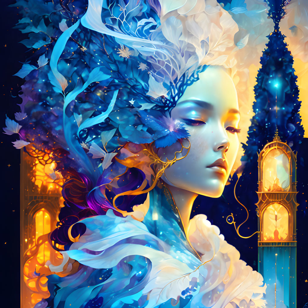 Fantasy illustration of woman with flowing hair and feathers in night sky