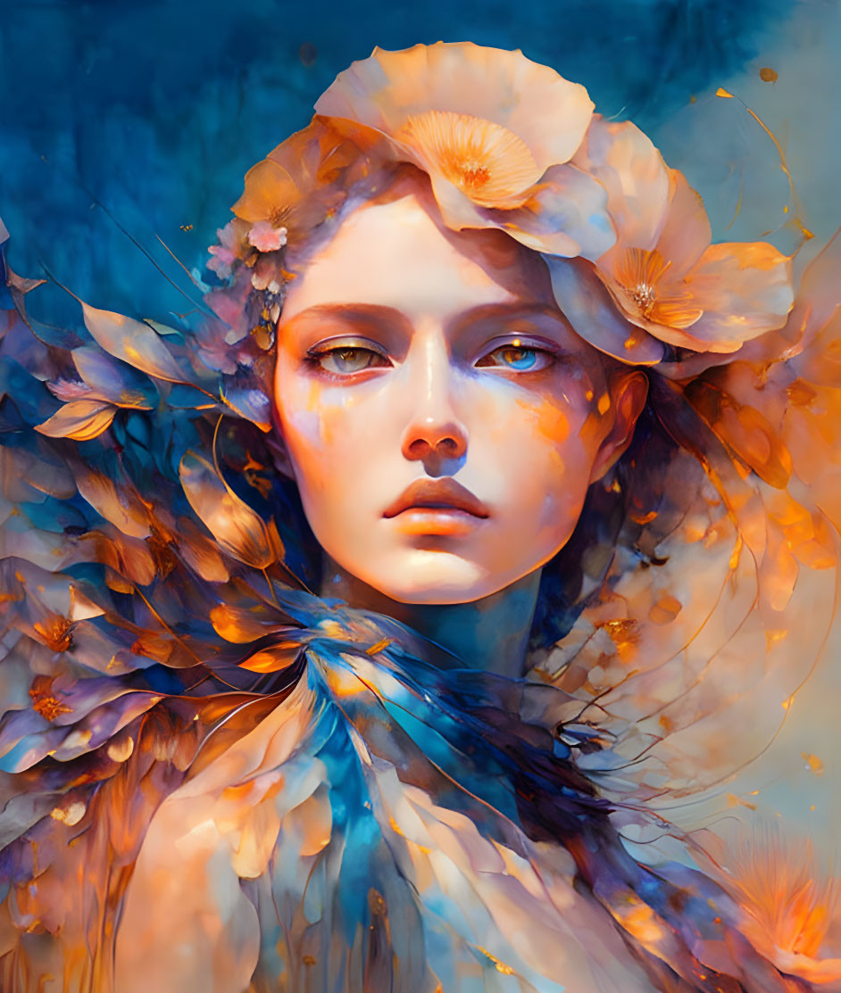 Fantastical portrait of a woman with golden flowers and feather-like details on vibrant blue background