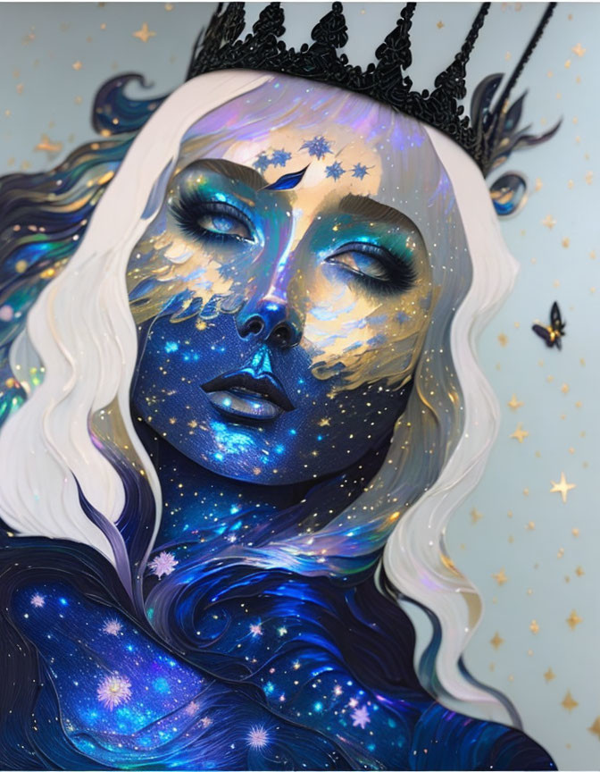 Blue-skinned woman with galaxy adornments and celestial motifs