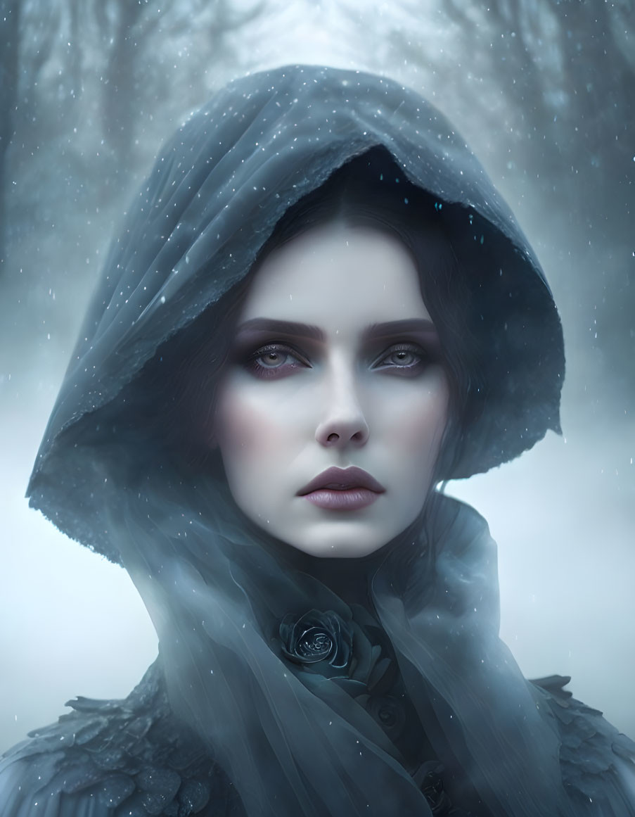 Pale-skinned person in dark hair with feathered cloak in foggy winter scene