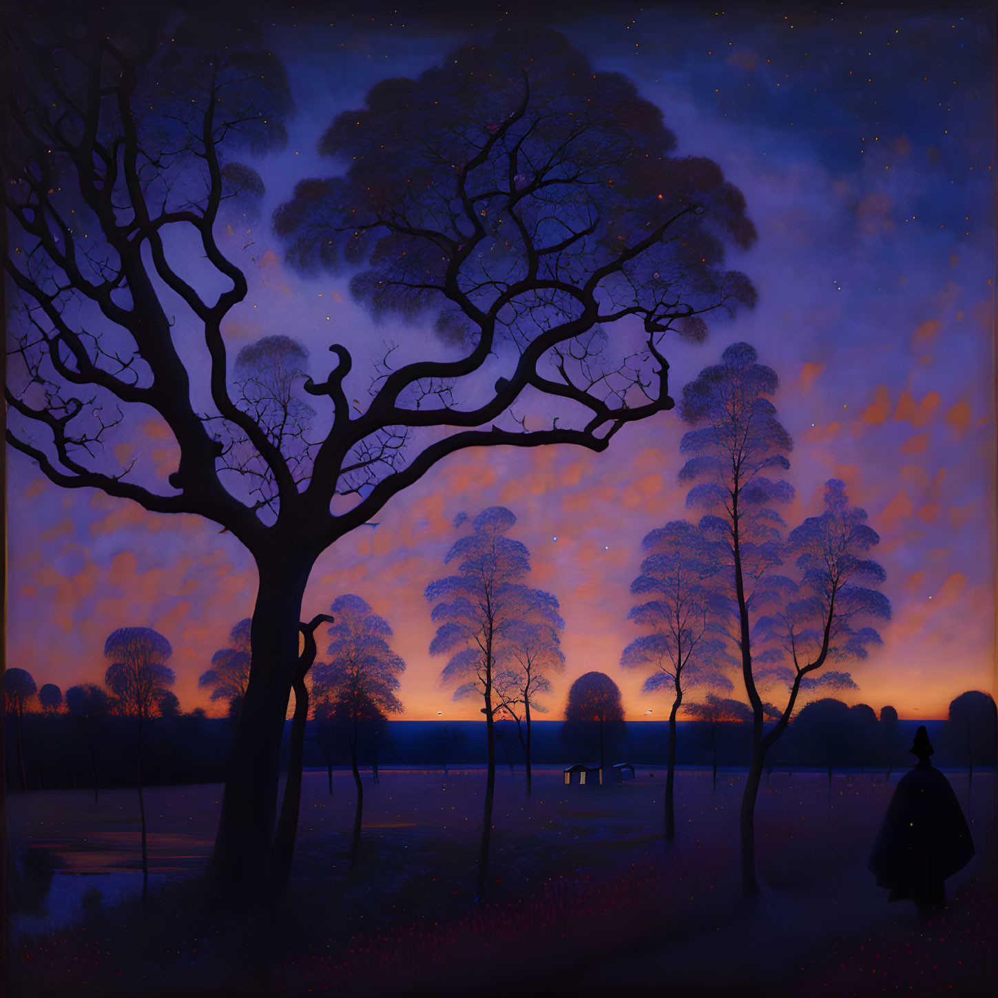 Night scene painting with silhouette under twilight sky and stars.