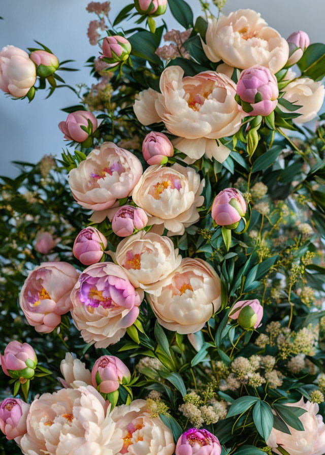 Pink and Cream Blooming Peony Bouquet with Green Leaves