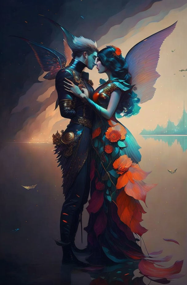 Fantasy illustration of winged male and female characters in intimate embrace