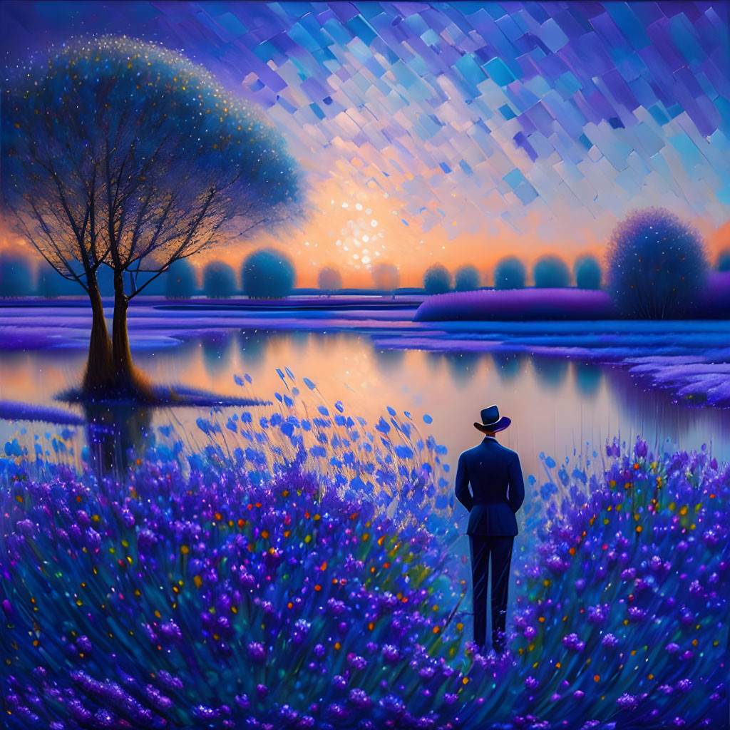 Serene lake scene with person, purple flowers, tree, and sunset sky