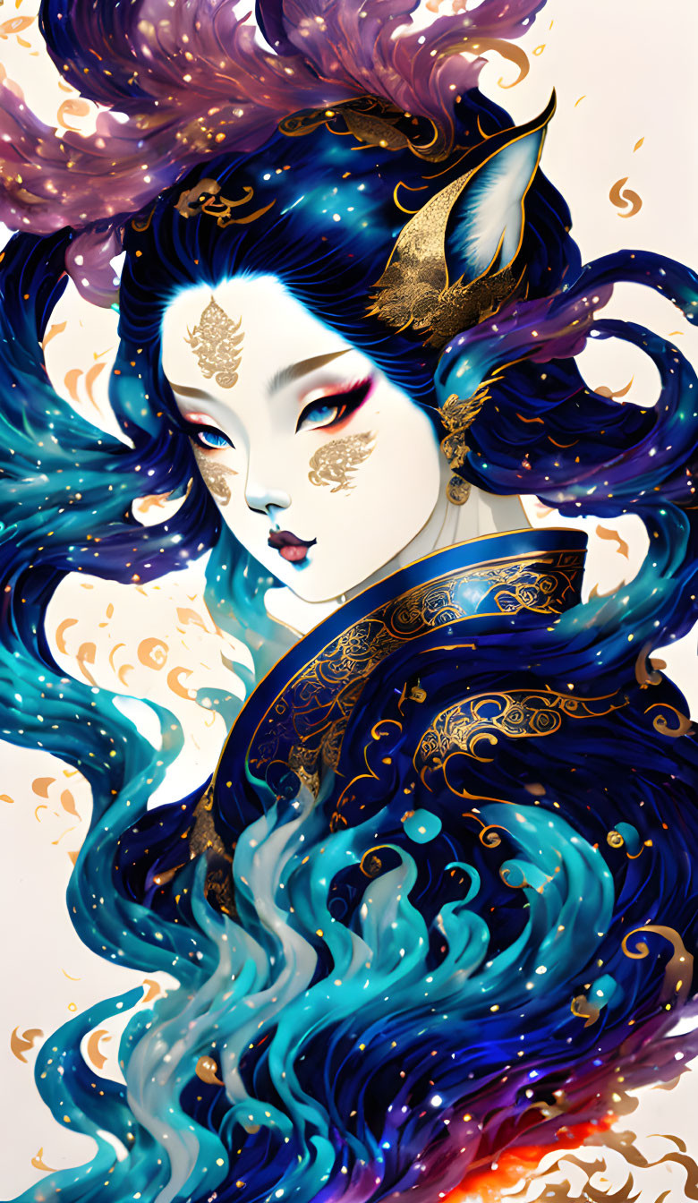 Fantastical illustration of woman with blue flowing hair and elf-like ears