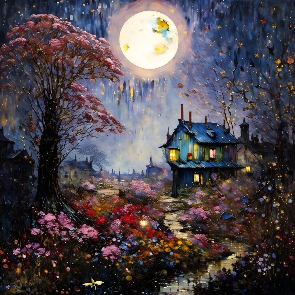 Village house under full moon on rainy evening with illuminated windows