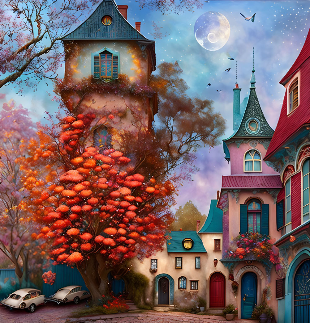 Colorful Victorian houses, orange tree, vintage cars & birds in moonlit sky