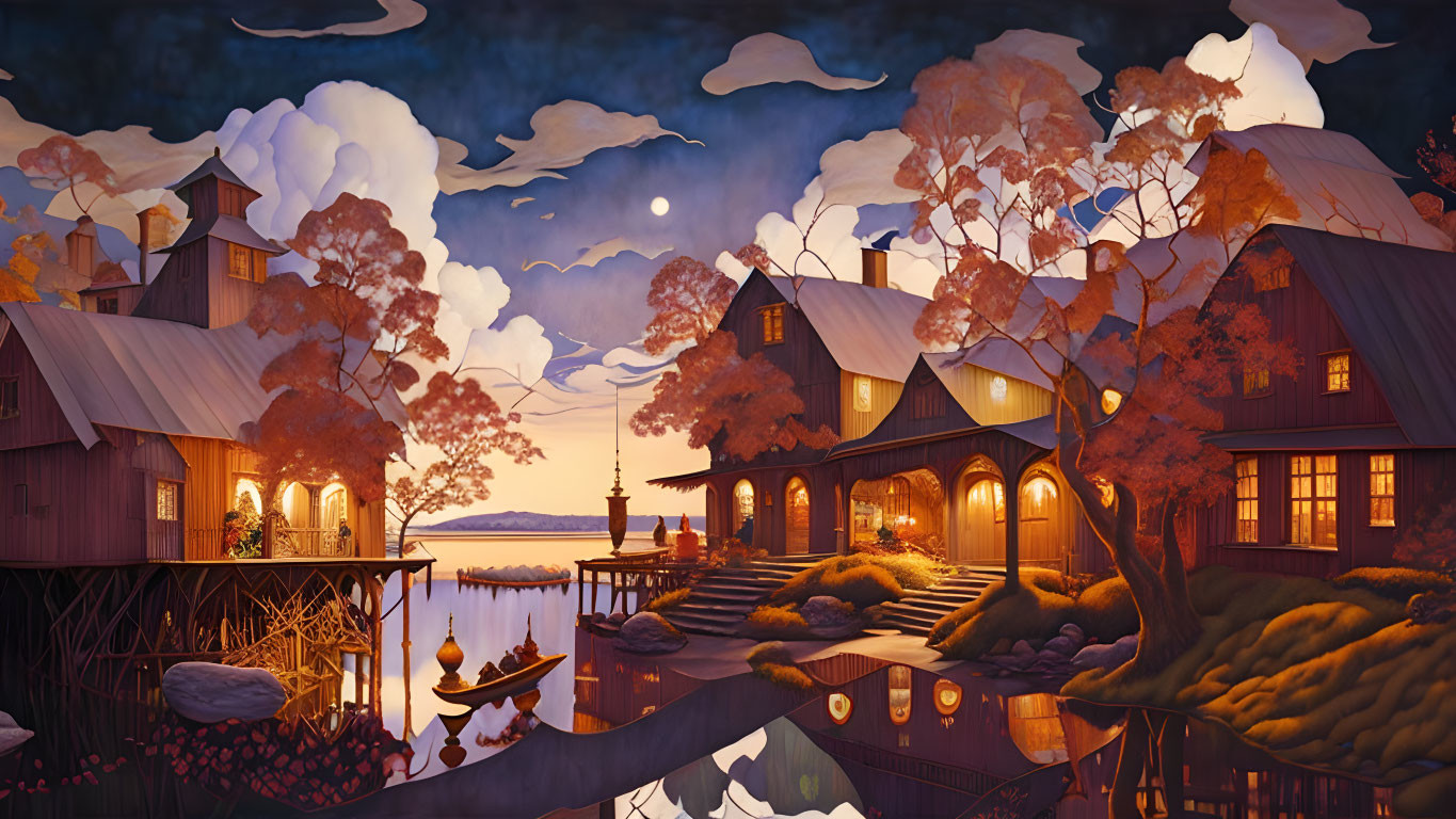 Tranquil evening scene: warm-lit houses, calm lake, autumn trees, moonlit sky