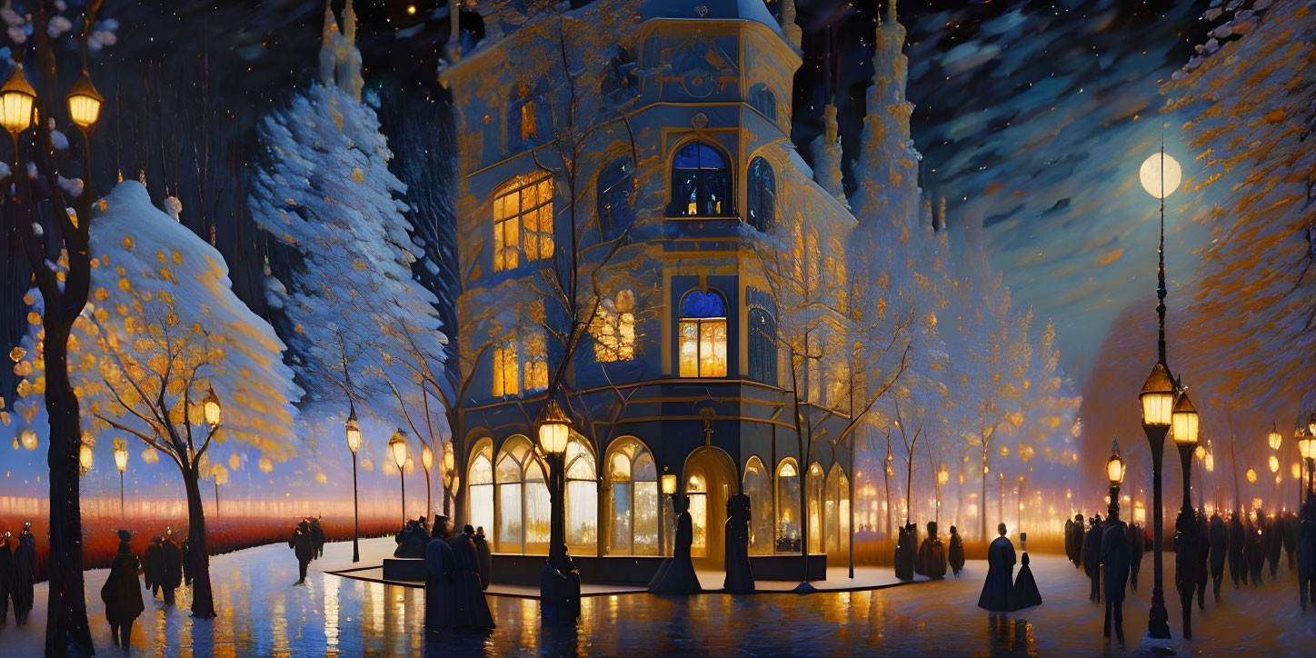 Snowy evening gathering outside ornate building with warm lights