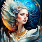 Regal woman with blue curls, golden jewelry, and feathers in elegant attire