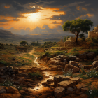 Picturesque village scene: warm sunset hues, cobblestone paths, trees, long shadows, dramatic